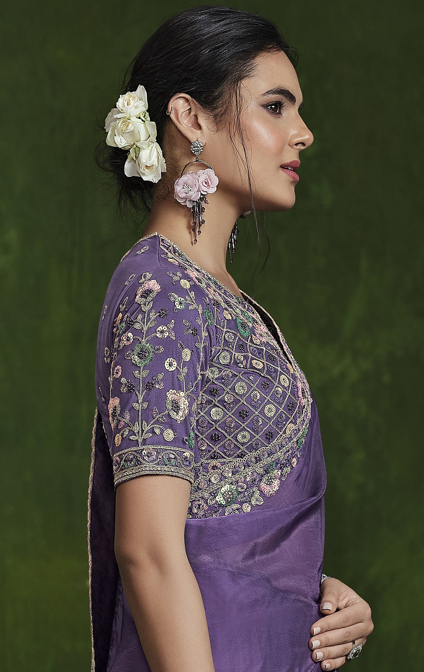 Purple Habotai Silk Sequins Hand Work Saree
