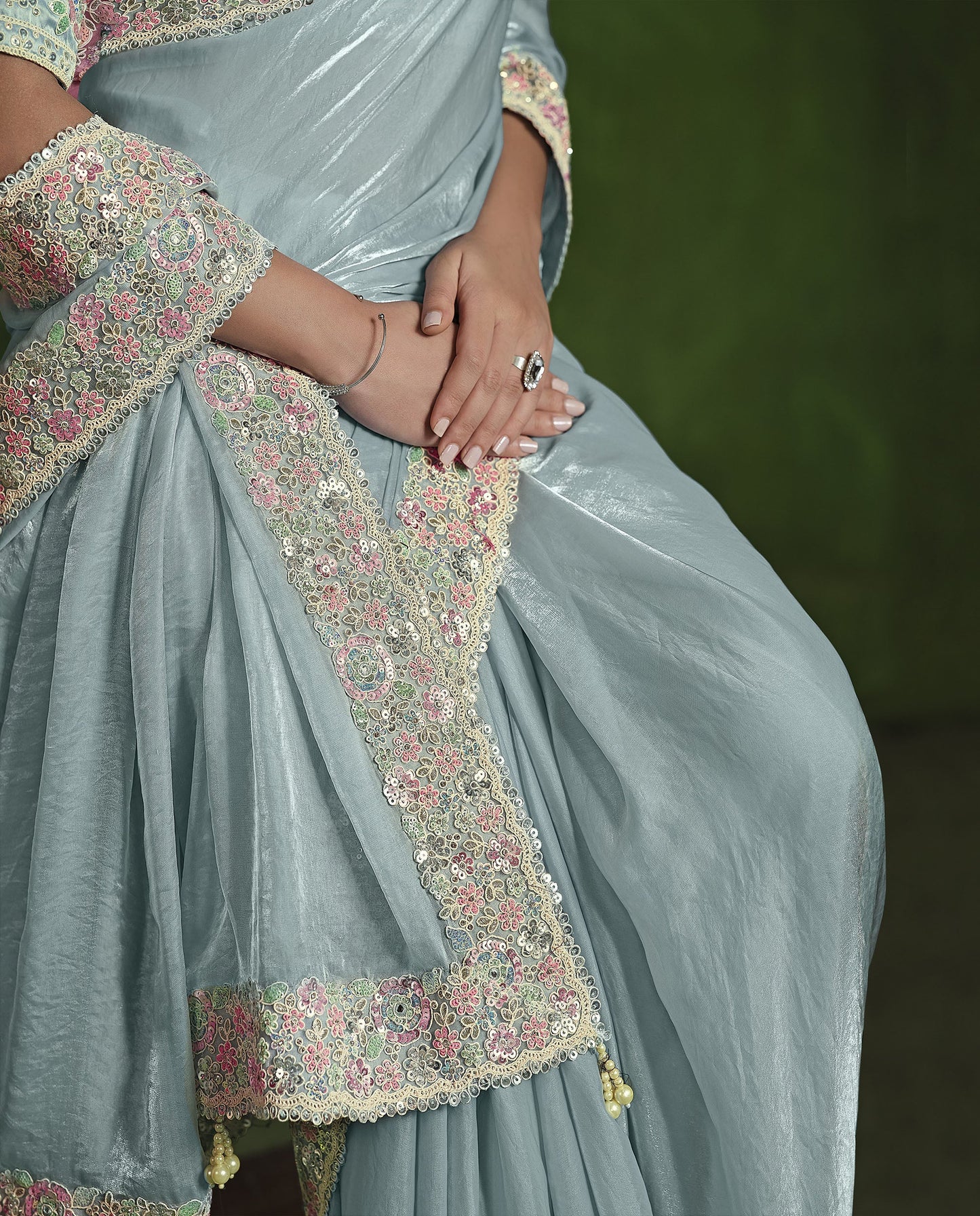 Grey 2 Tone Satin Silk  Sequins Hand Work Saree