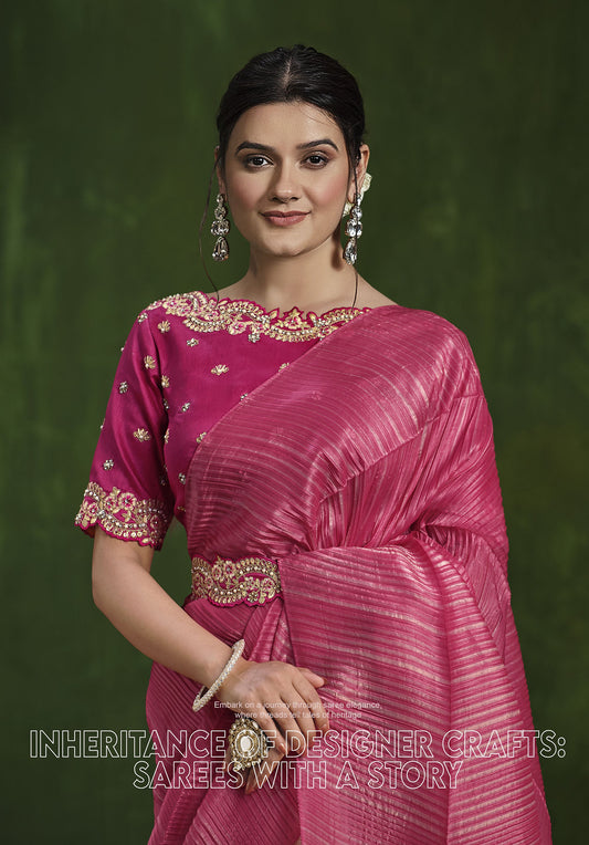 Pink & Beige Banarasi Crush Silk Sequins, Thread Work Saree
