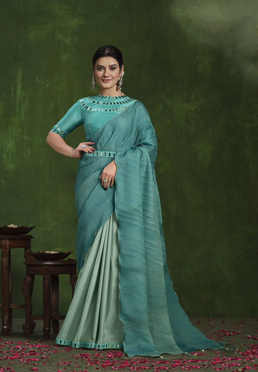 Teal Blue Crepe Silk Georgette Mirror Thread Work Saree