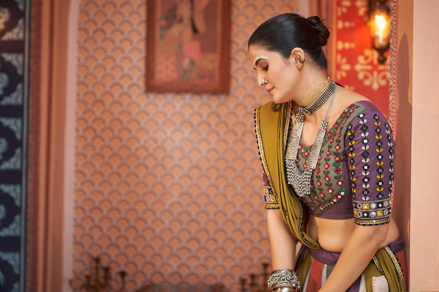 White and Purple viscose rayon Embroidered Ras Navratri Lehenga