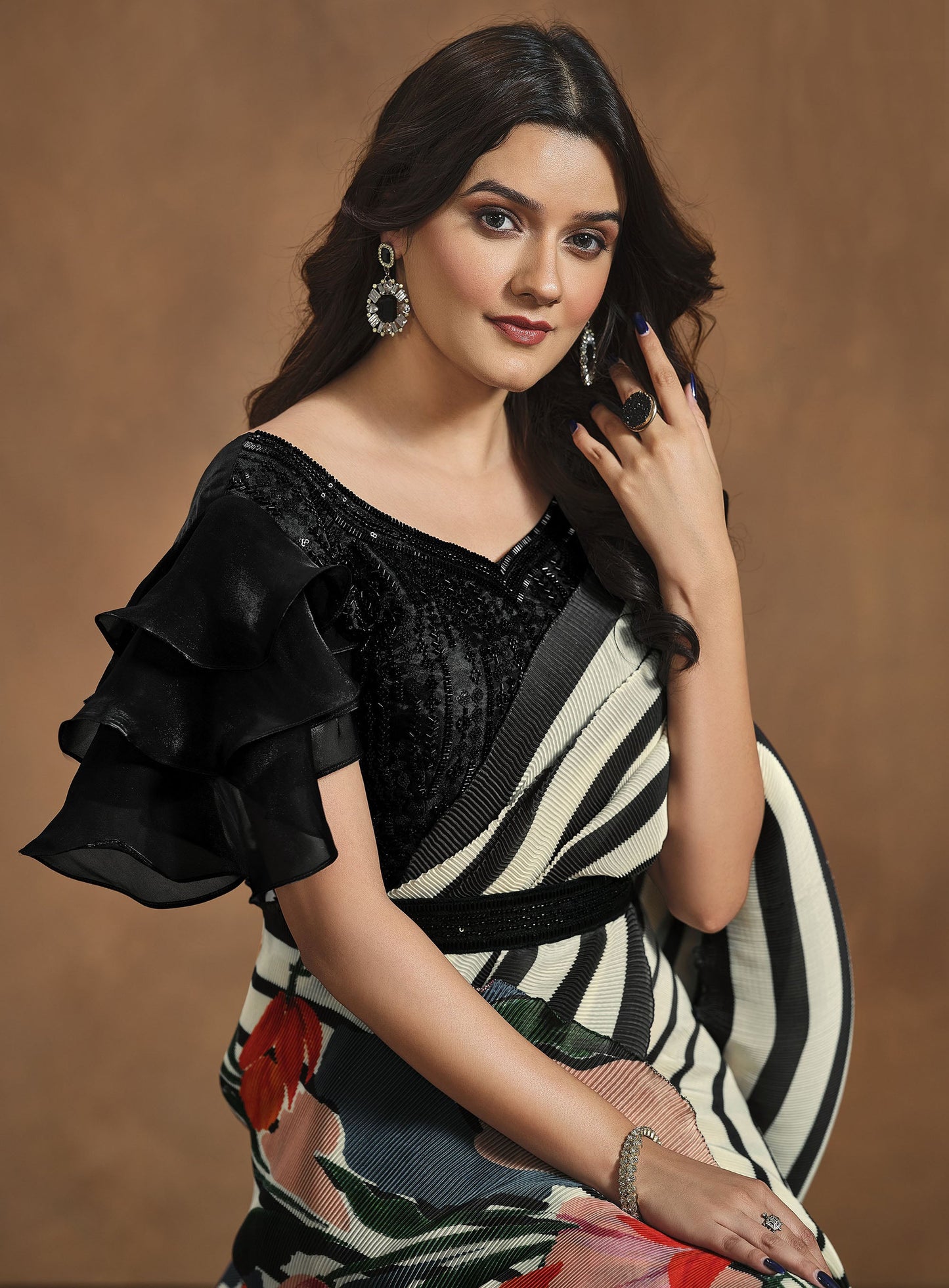 Black  & White Satin Silk Readymade Floral Print Saree
