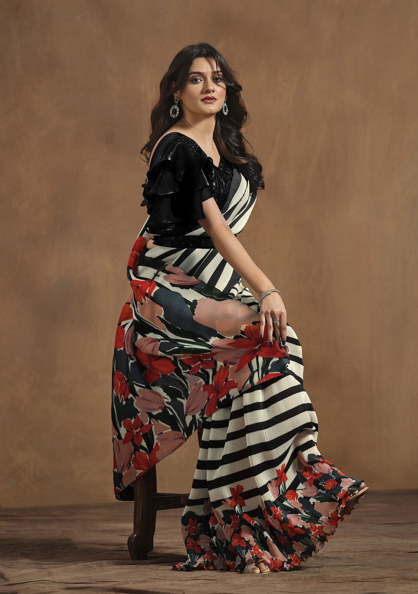 Black  & White Satin Silk Readymade Floral Print Saree