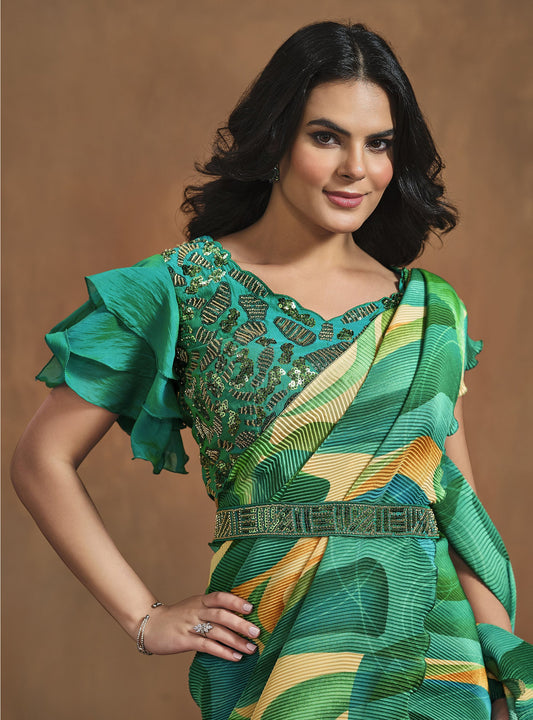 Green Satin Silk Readymade Digital Printed Saree