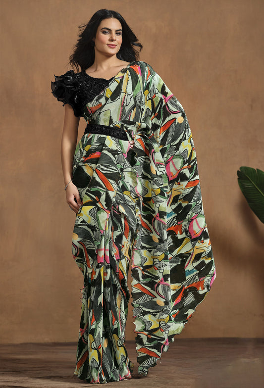 Multi Color Satin Silk Readymade Digital Printed Saree