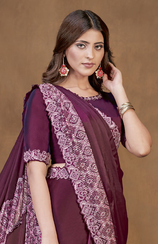 Dark Wine Satin Crepe Silk Readymade Digital Sequins Work Saree