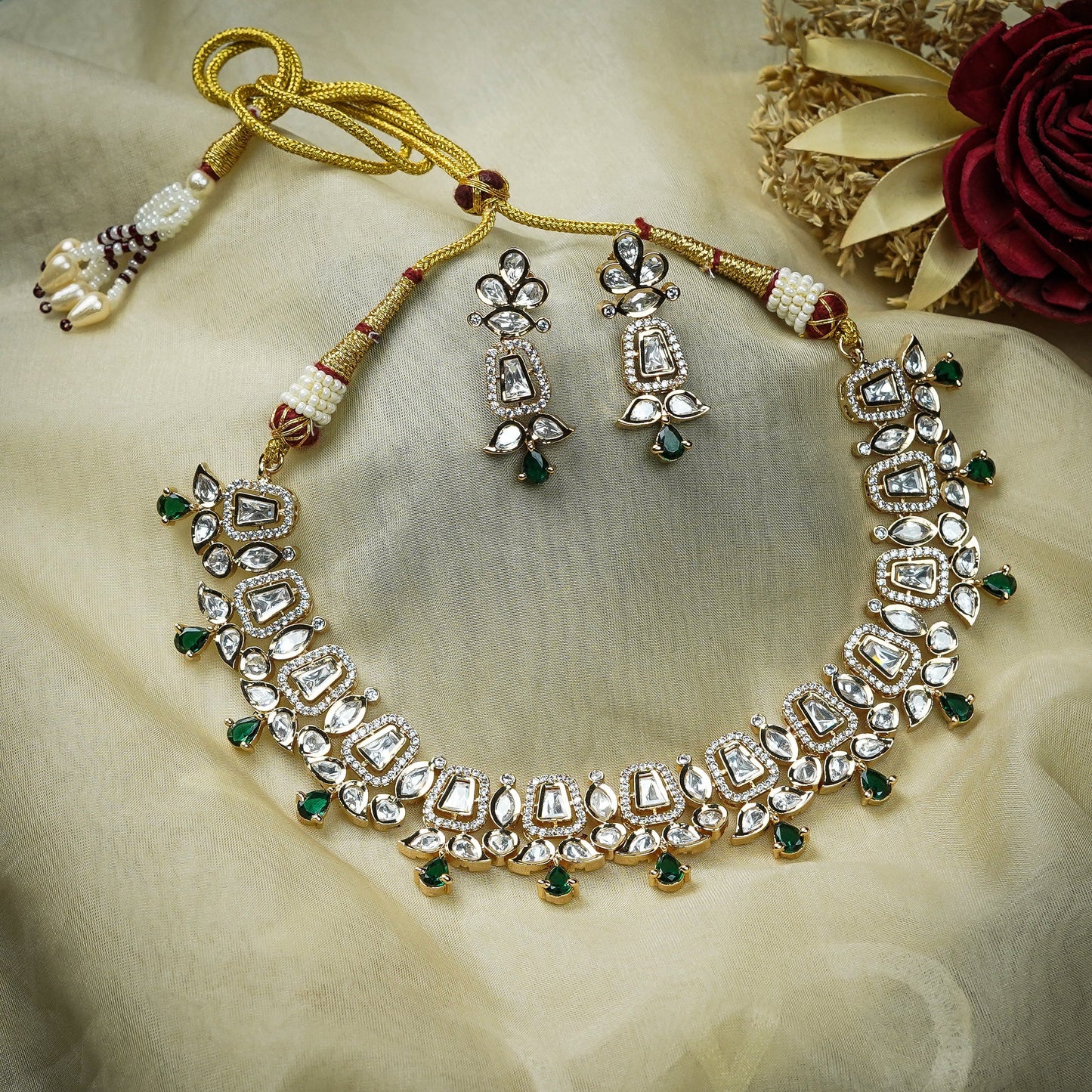 Zevar Club 22K Gold-Plated White Kundan & Emerald Green Studded Cubic Zirconia Accents Bridal Statement Necklace Set