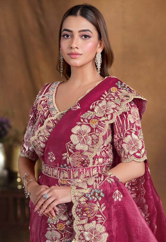 Rani Pink Crush Paper Silk Hand and Pearl work Party Wear Saree