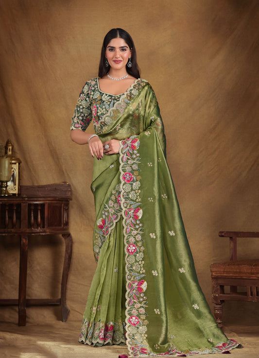 Green Glass Tissue Hand and Pearl work Party Wear Saree