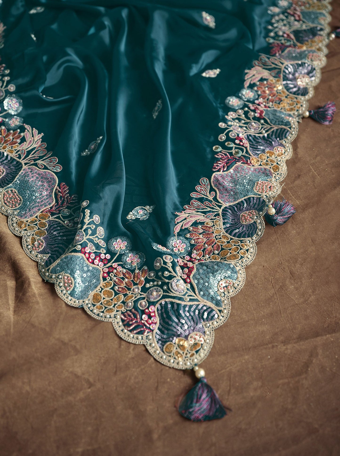 Teal Blue Crush Satin Silk Hand and Pearl work Party Wear Saree
