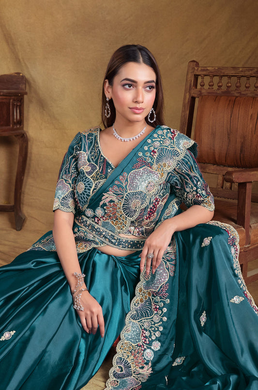 Teal Blue Crush Satin Silk Hand and Pearl work Party Wear Saree
