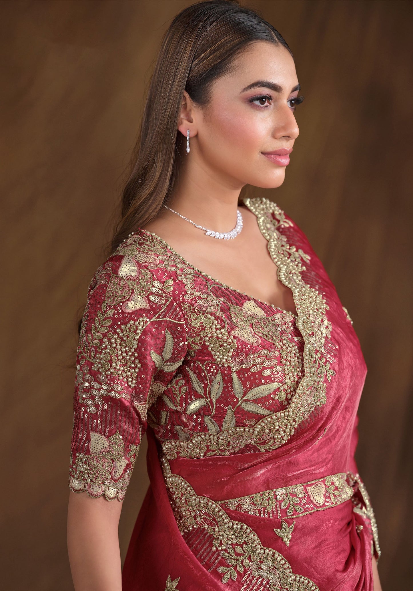 Dark Pink Two Tone Satin Silk Hand and Pearl work Party Wear Saree
