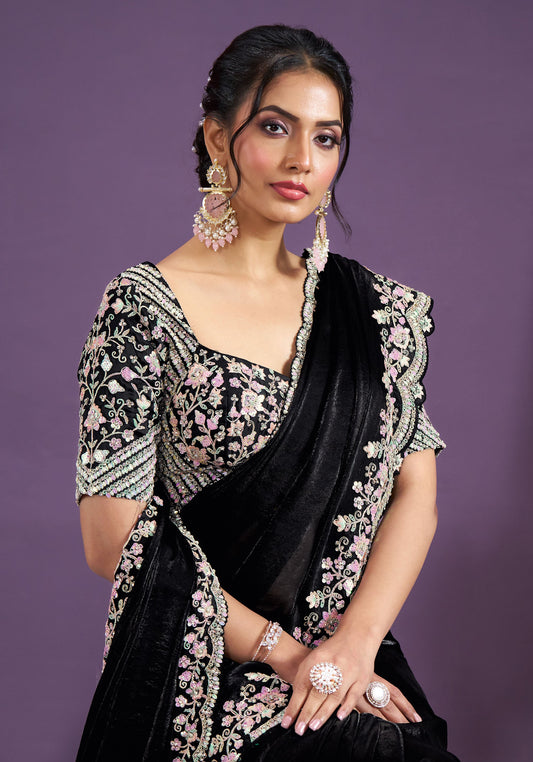 Black Two Tone Satin Silk Sequins with Hand Work Saree