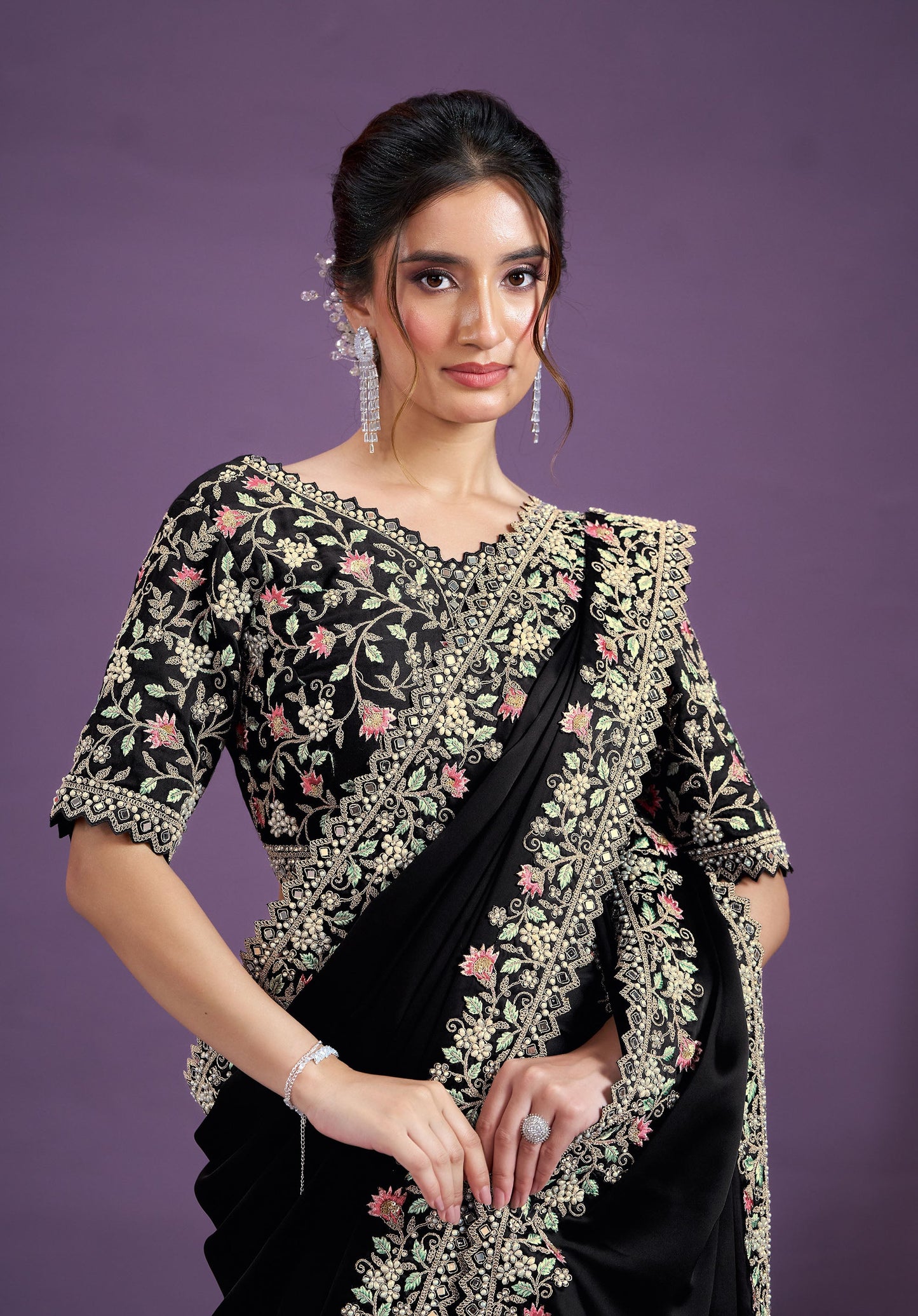 Black Satin Silk Mirror & Moti Work Party Wear Saree
