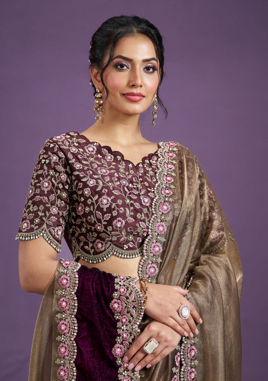 Light Brown Malai Satin Silk Moti work Saree