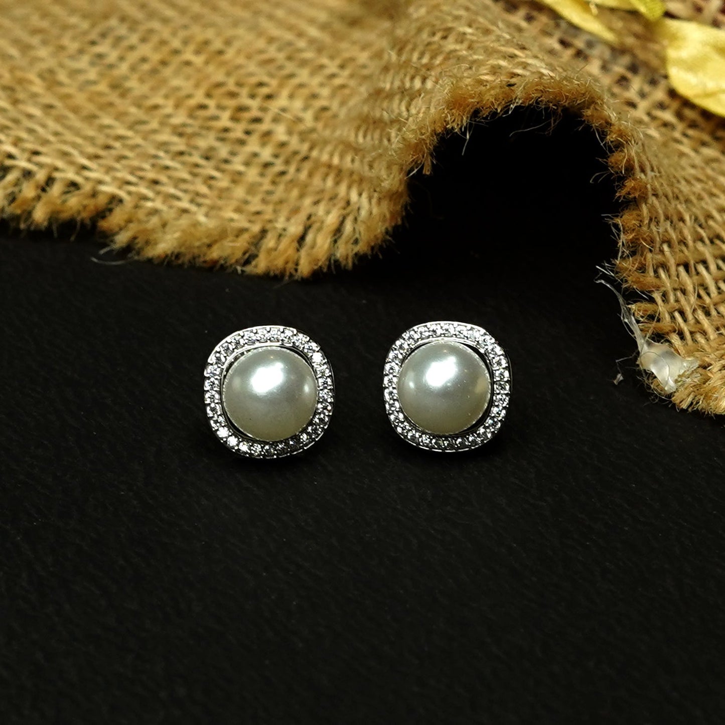 Zevar Club Rhodium-Plated Handcrafted White Pearl & Cubic Zirconia Halo Stud Earrings