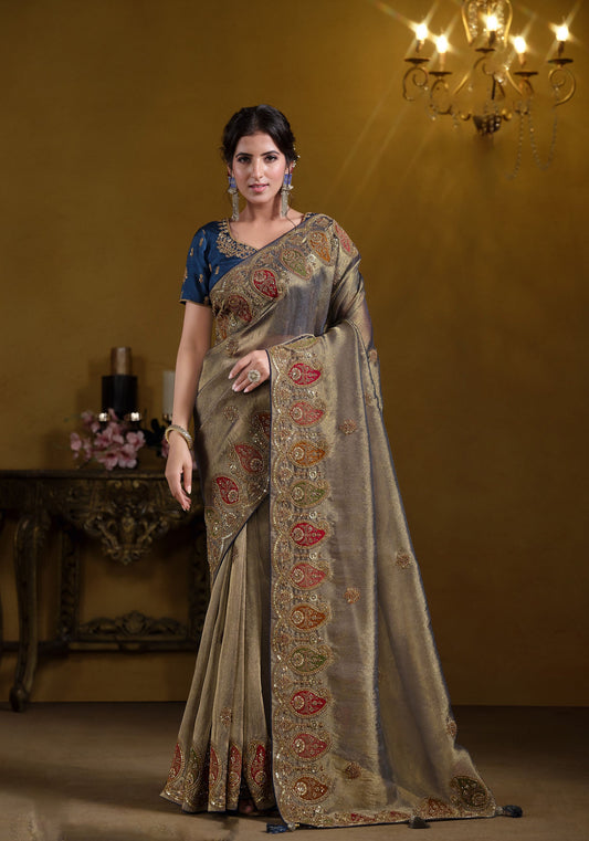 Teal Blue Zari Organza Silk Khatli work Saree