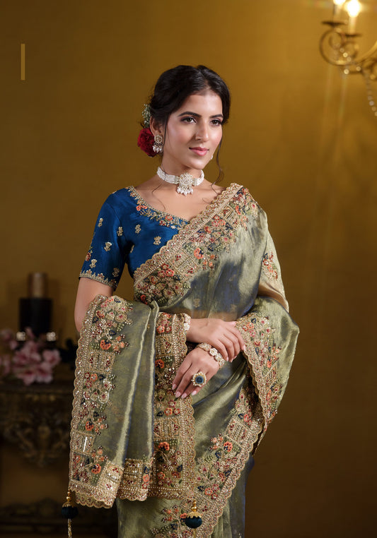 Green Zari Organza Silk Khatli work Saree
