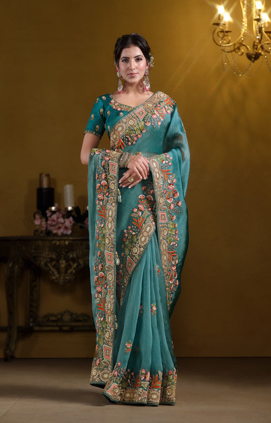 Teal Blue Twill Tissue Khatli work Saree