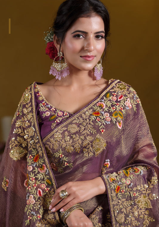 Purple Banarasi Crush Khatli work Saree