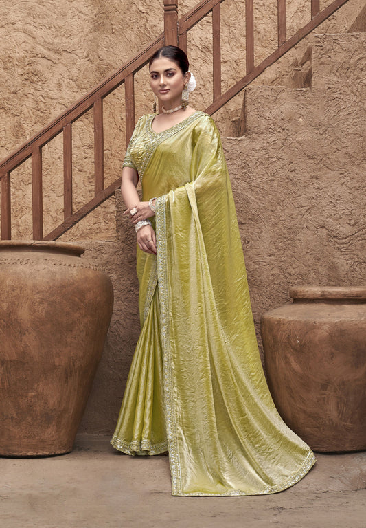 Mehendi Green Satin Silk Hand Embroidery Festive Saree