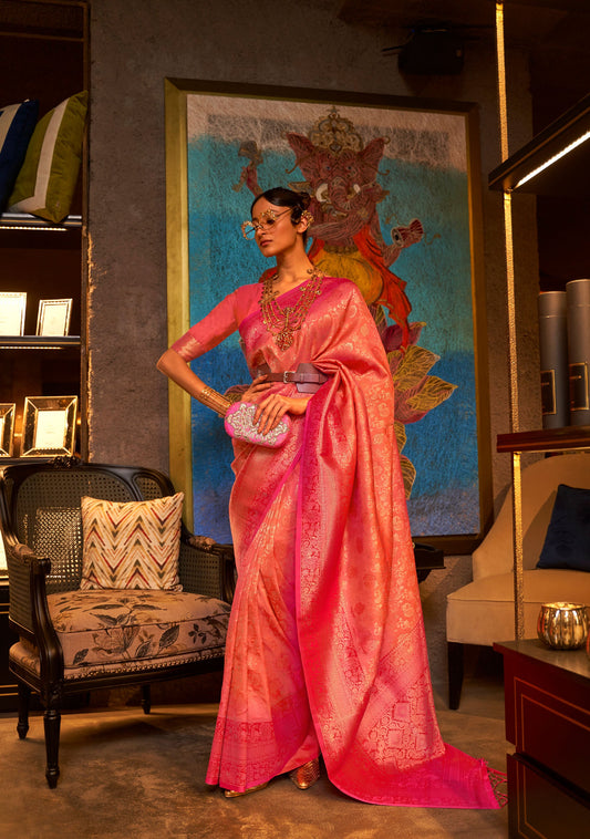 Peach Karzoe Silk Pure Chaap Handloom Saree