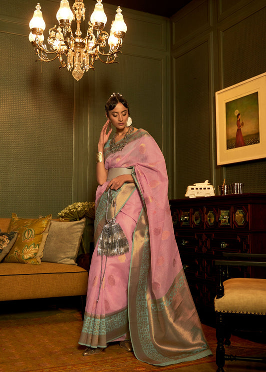 Lavender Pink Keith Linen Zari woven Saree