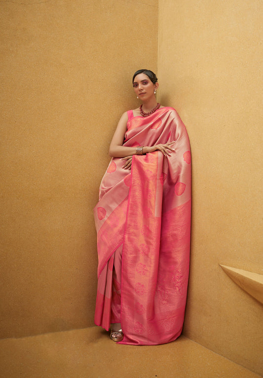 Pink Korvai Silk Nylon Two Tone Handloom Saree