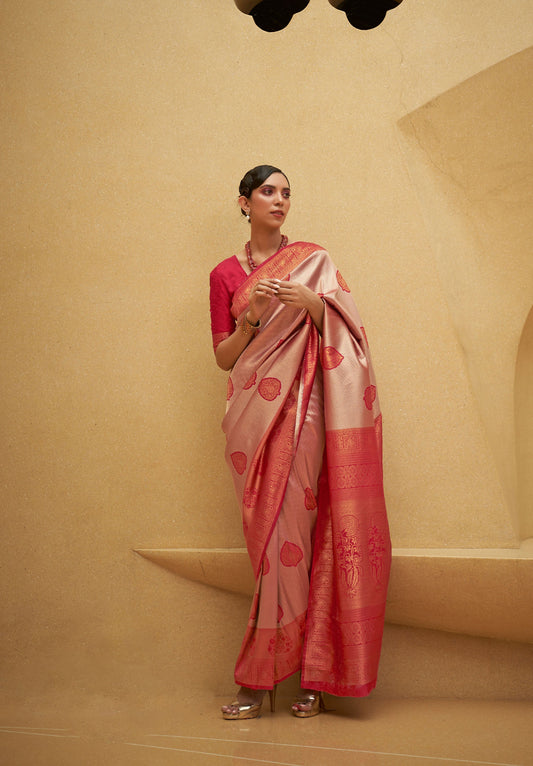 Pink and Red Korvai Silk Nylon Two Tone Handloom Saree