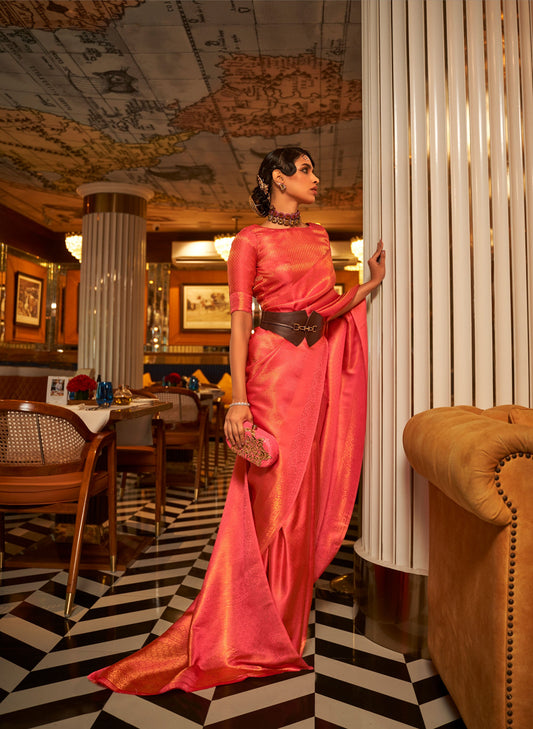 Pink Kumbal Silk Nylon Satin Zari woven saree