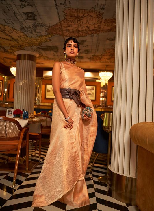 Cream Kumbal Silk Nylon Satin Zari woven saree