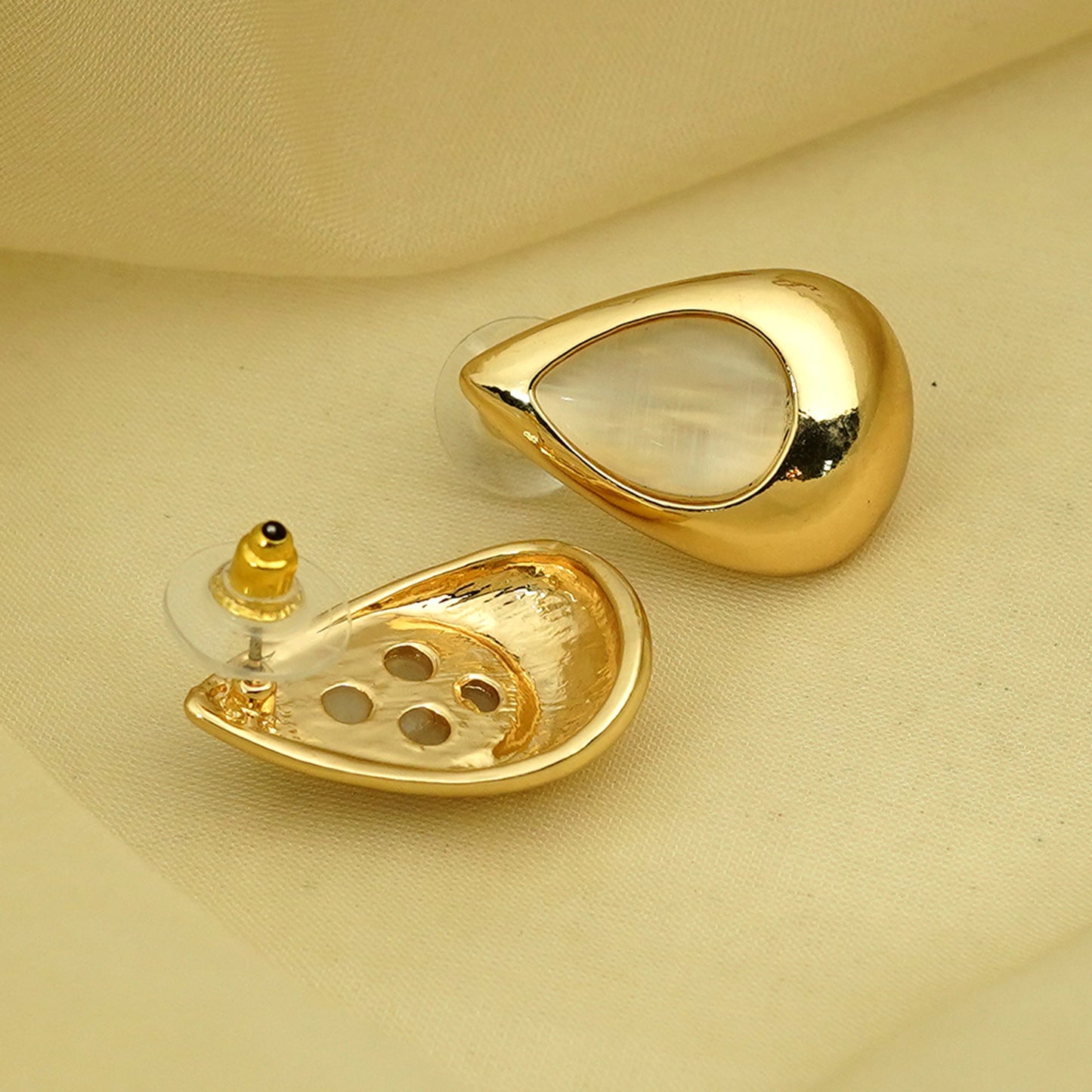 Zevar Club Glossy Gold Tone Stainless Steel Tarnish Free Waterproof Tear Drop-Shaped Mother of Pearl Stud Earrings for Women