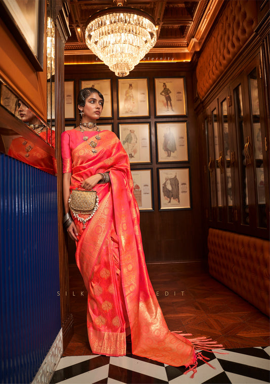 Coral Pink Kosmic Silk Handloom Saree