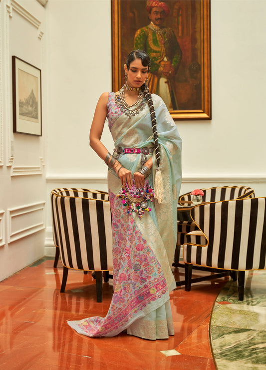 Light Blue Keerat Silk Modal Kashmiri Saree