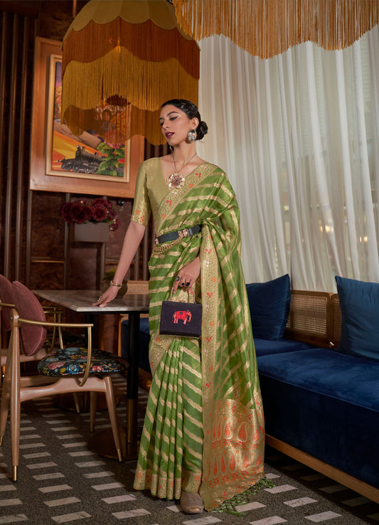 Olive Green Kahana Organza Meenakari Saree