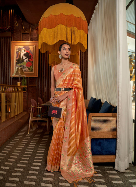 Orange Kahana Organza Meenakari Saree