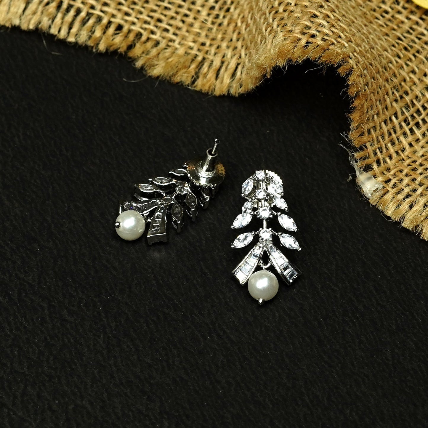 Zevar Club Rhodium-Plated Handcrafted Cubic Zirconia & Pearl Drop Earrings with Leaf Design