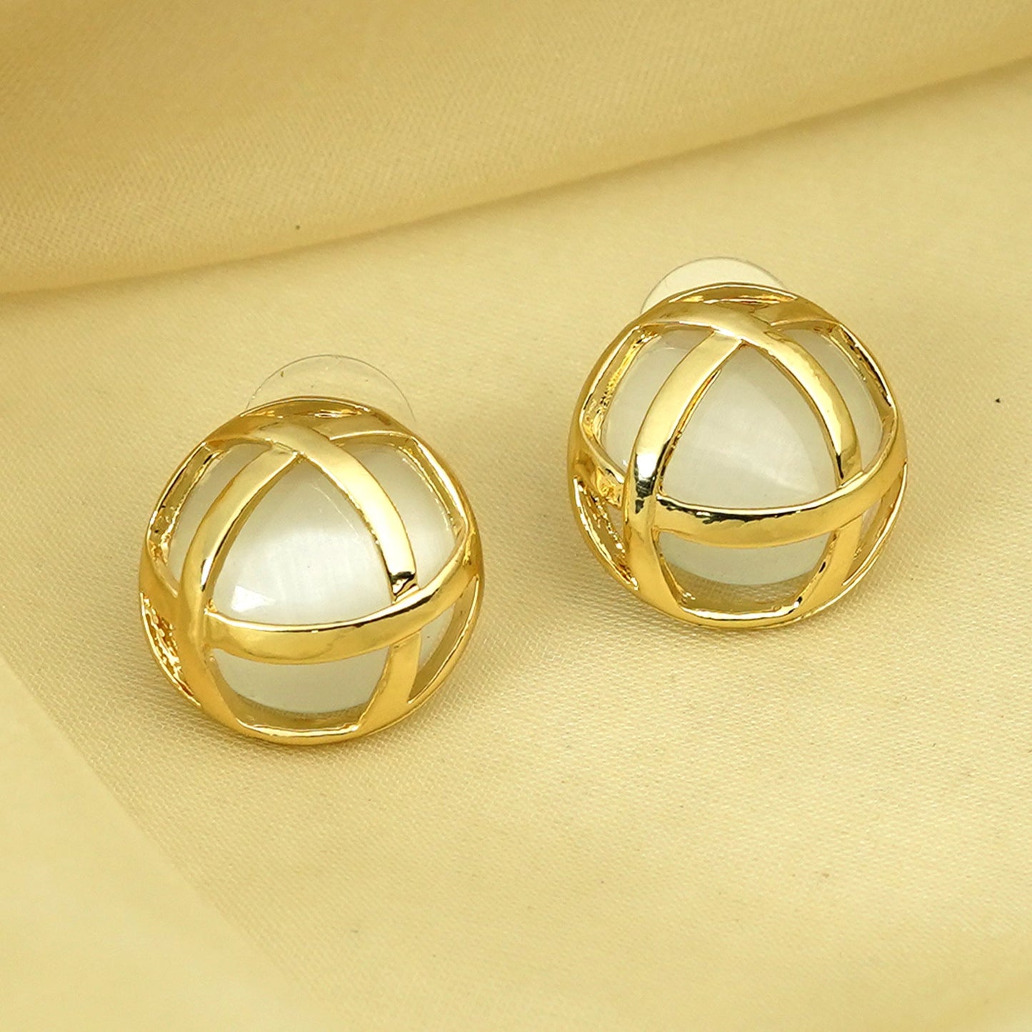 Zevar Club Gold Tone Dome-Shaped Criss-Cross Stud Earrings with White Pearl Accents for Women