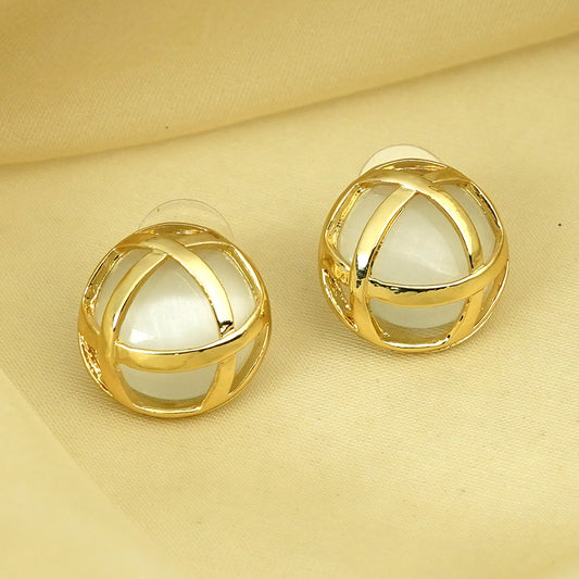 Zevar Club Gold Tone Dome-Shaped Criss-Cross Stud Earrings with White Pearl Accents for Women