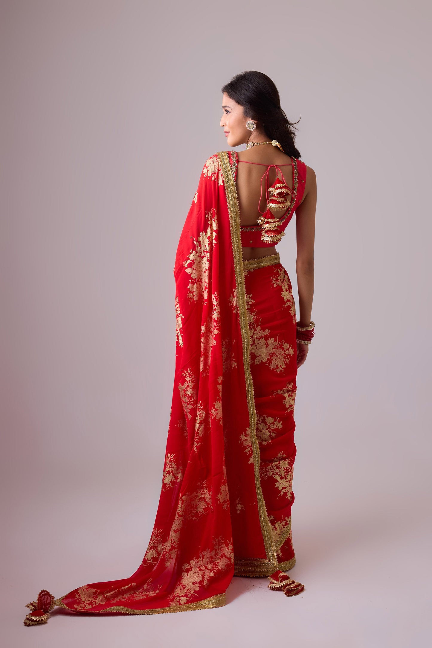 Georgette badal sitara gold foil printed saree with gota blouse