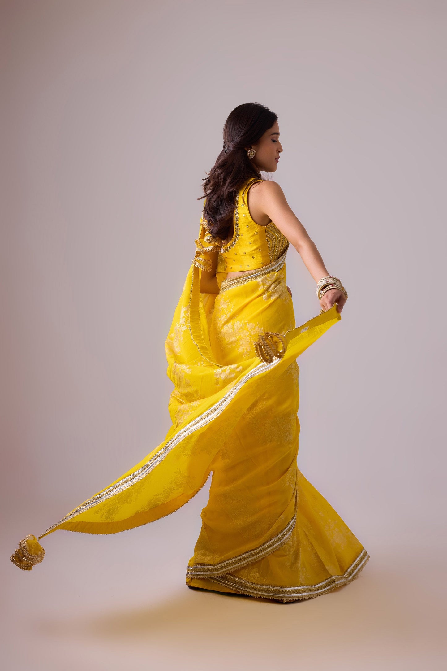 Georgette badal sitara gold foil printed saree with gota blouse