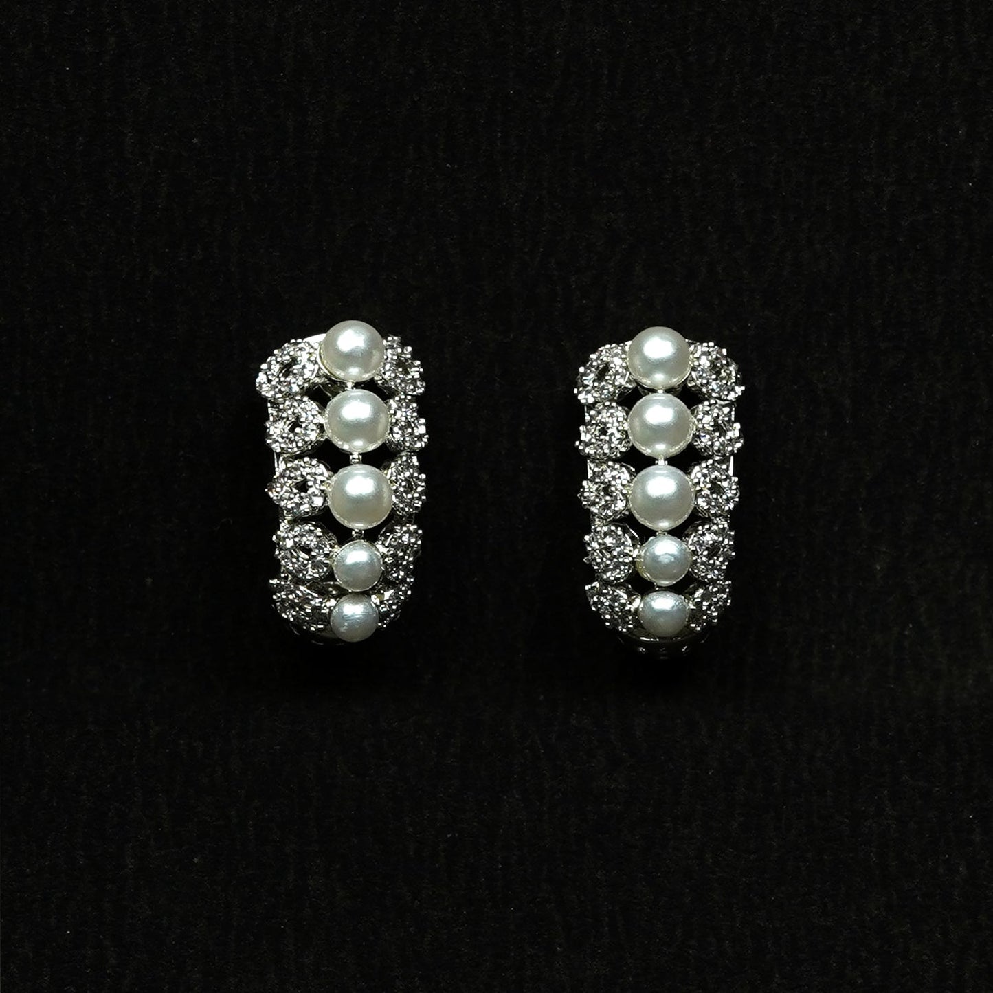 Zevar Club Rhodium-Plated Handcrafted Cubic Zirconia & Pearl Studded Huggie Hoop Earrings