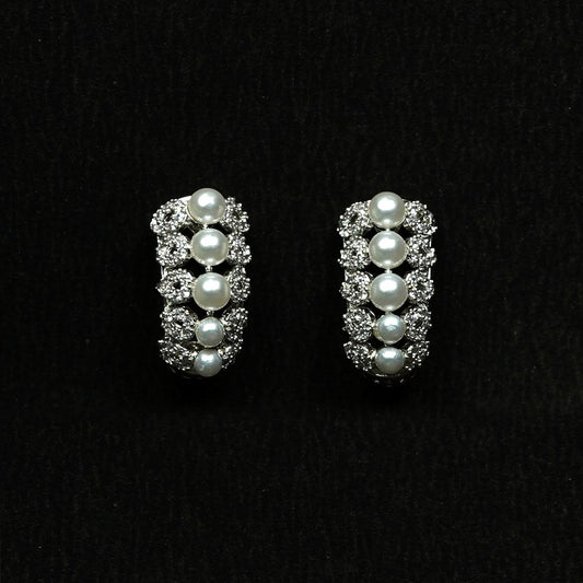 Zevar Club Rhodium-Plated Handcrafted Cubic Zirconia & Pearl Studded Huggie Hoop Earrings