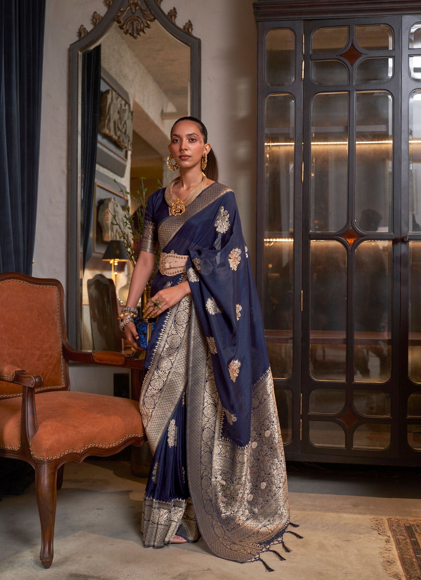 Dark Blue Korsa Georgette Pure Khadi Nylon saree