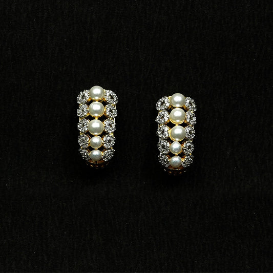 Zevar Club 22K Gold-Plated Handcrafted Cubic Zirconia & Pearl Studded Huggie Hoop Earrings