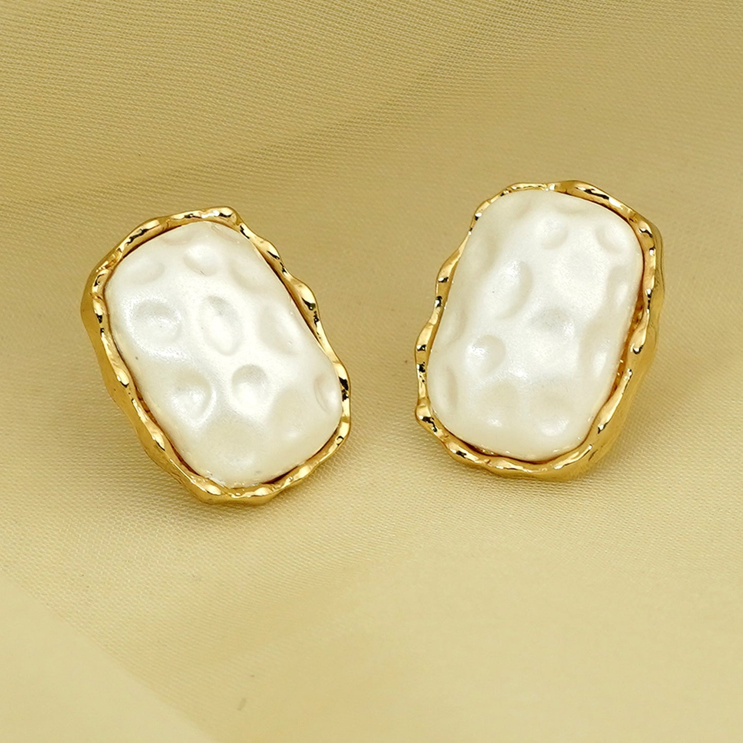 Zevar Club Gold Tone White Pearl-Textured Sculpted Frame Stud Earrings for Women