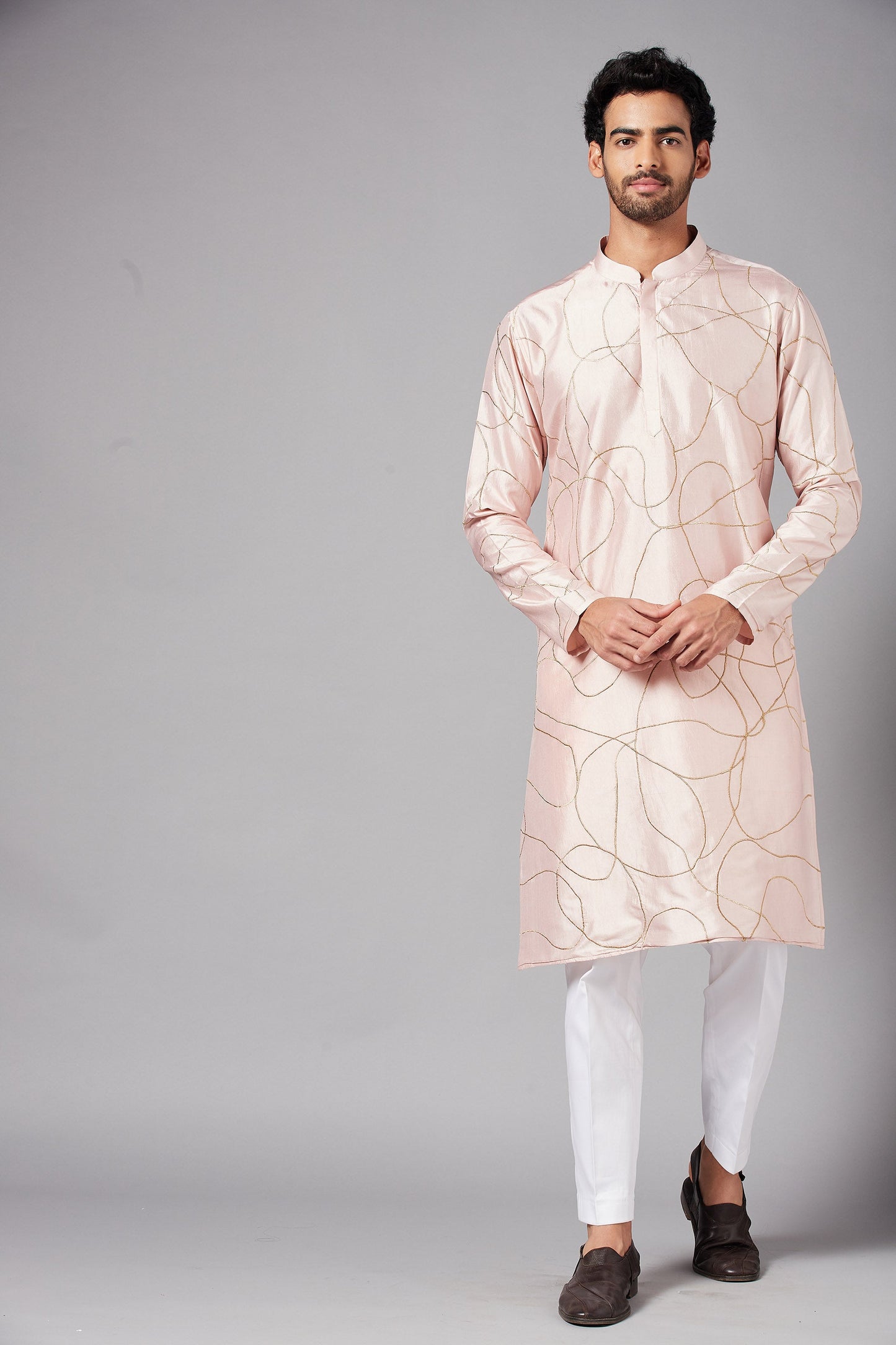 Peach Dupion Silk Machine Embroidery Casual ( only Kurta )