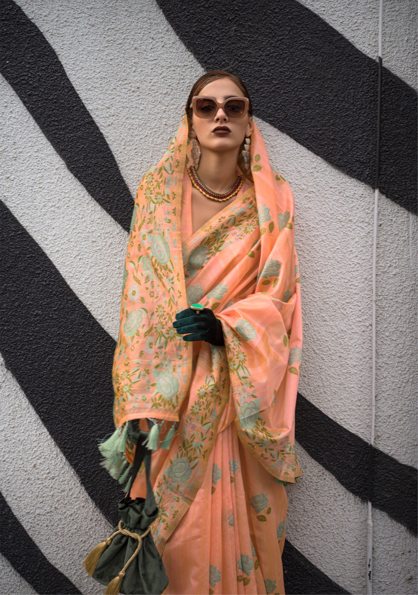 Orange Krafitti Parsi weave handloom Silk Saree