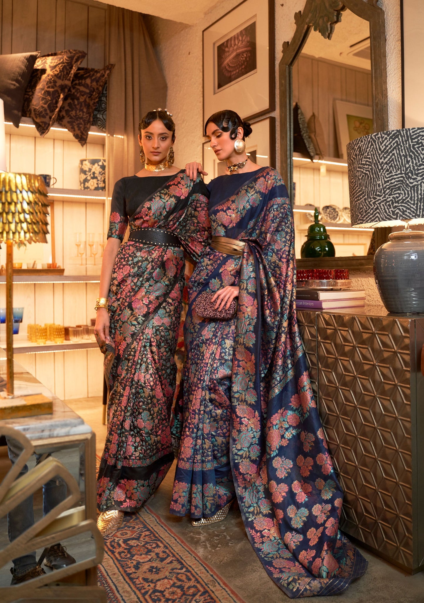 Navy Blue Kaazi Silk Kashmiri Modal Handloom Saree