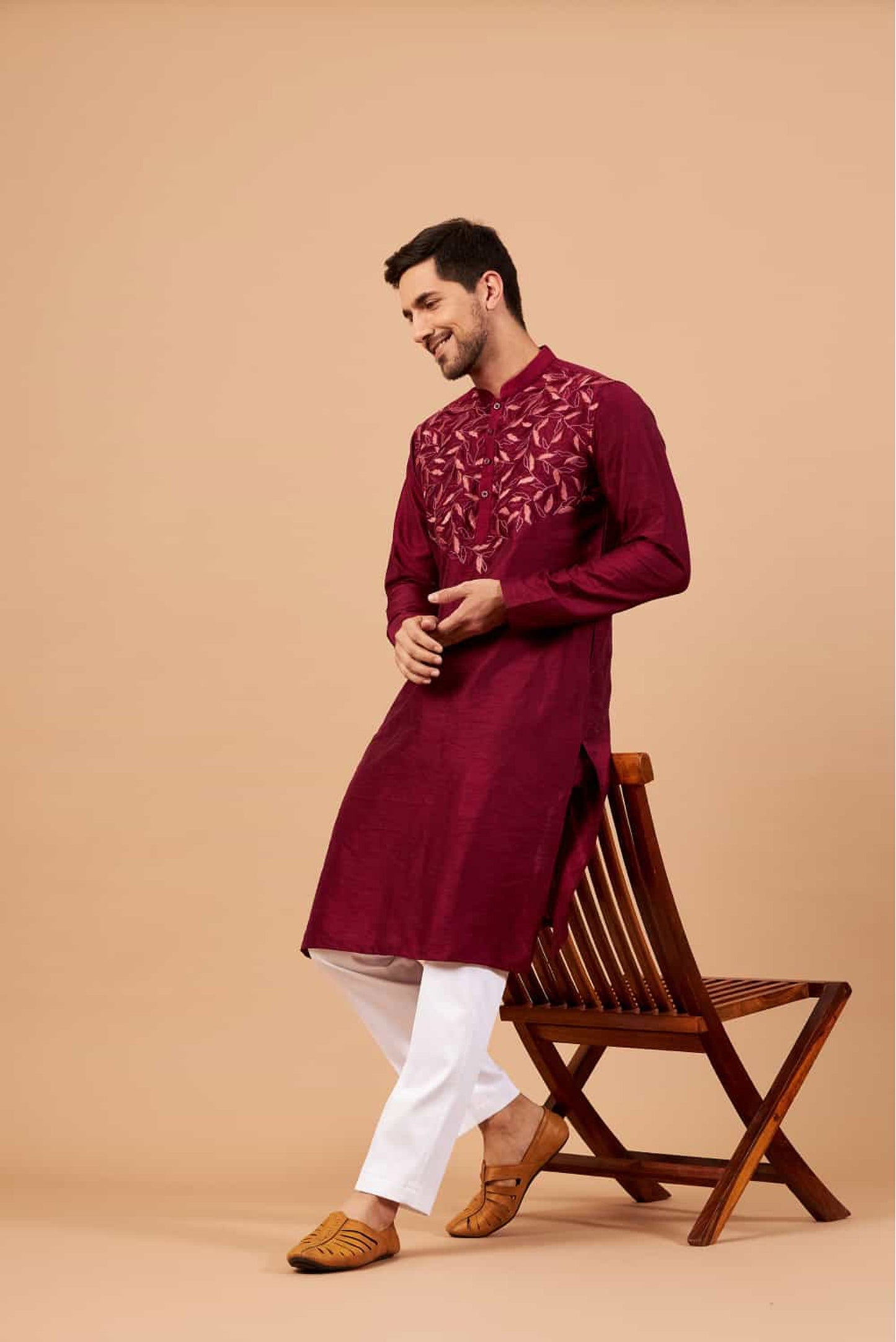 Magenta Semi Raw Silk Hand Embroidered ( only Kurta )